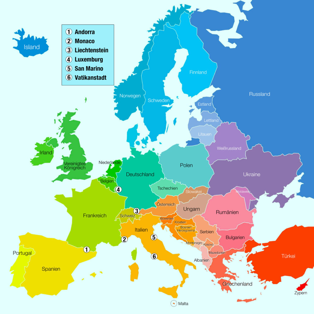  Europakarte: 47 Länder in Europa – mit kostenloser Karte Illustration 